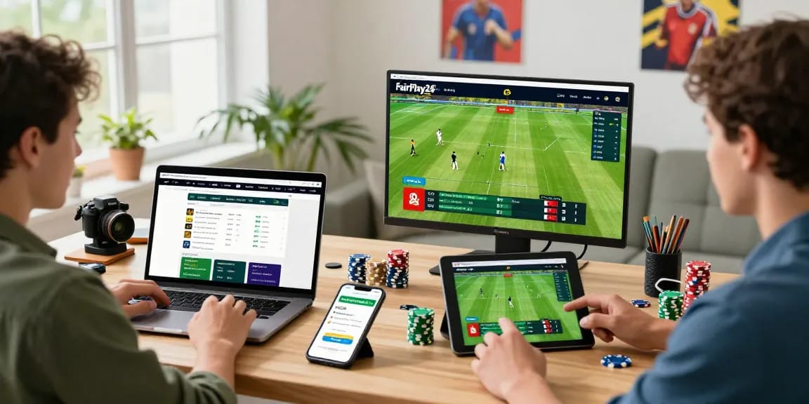 Excited users engaging with Fairplay24 online betting platform for cricket and sports.