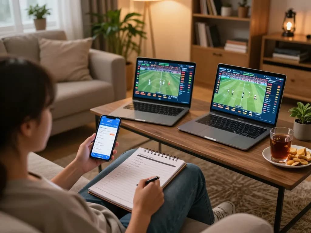 Person engaging in online sports betting on multiple devices, representing cm88seo.
