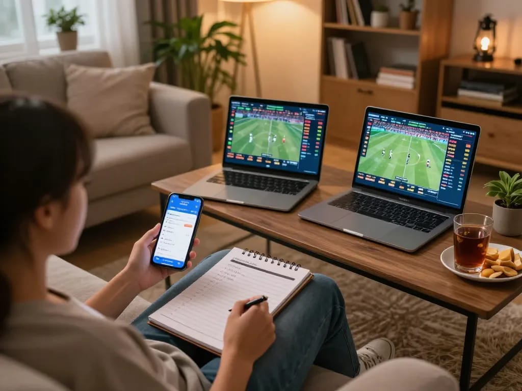 Person engaging in online sports betting on multiple devices, representing cm88seo.