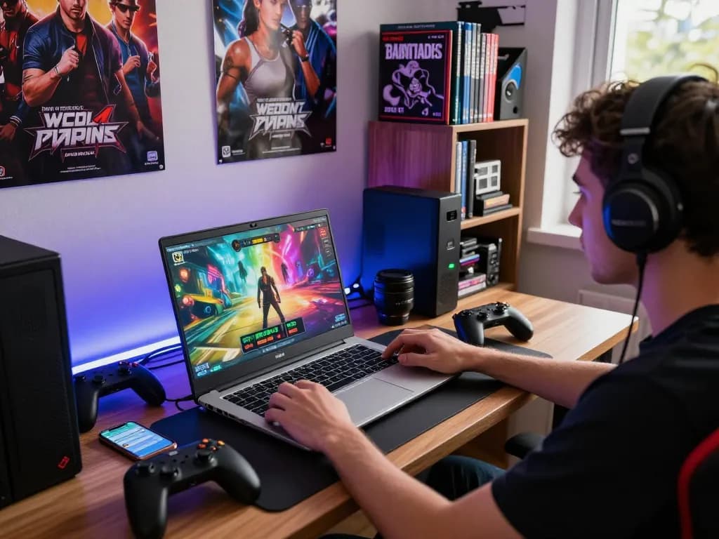 Engaging gaming setup featuring a user playing porngames with vibrant graphics and ambient atmosphere.