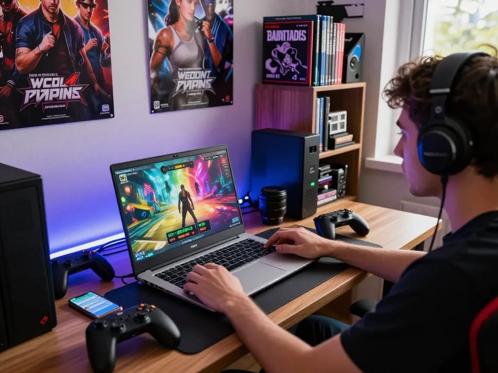Engaging gaming setup featuring a user playing porngames with vibrant graphics and ambient atmosphere.