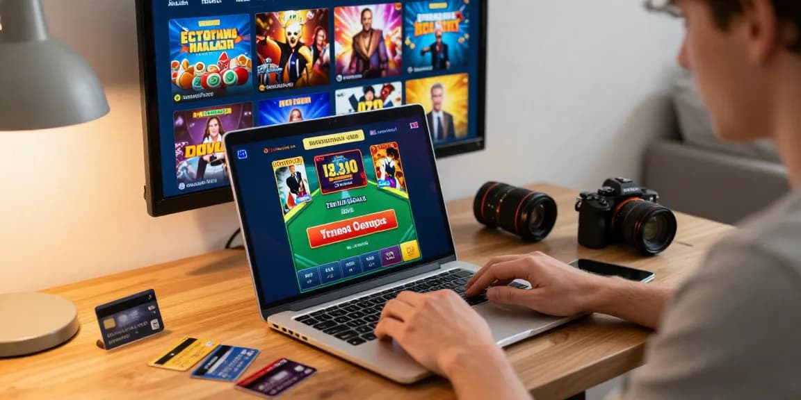 Experience online gaming at https://jumpspace.org.uk with an engaging player surrounded by credit cards and exciting casino games.