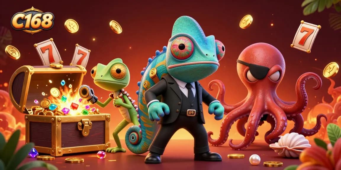 C168 showcases an adventurous scene with a chameleon agent, gecko companion, and an octopus villain in a treasure-filled casino setting.