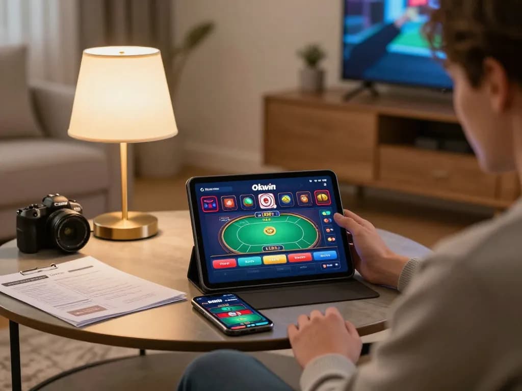 Engaging in online casino gaming with Okwin tv on a tablet in a cozy home setting.