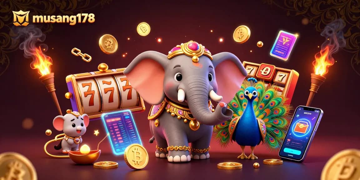 Gambaran 3D musang178 slot dengan elemen unik seperti gajah diorama Diwali dan koin kripto.