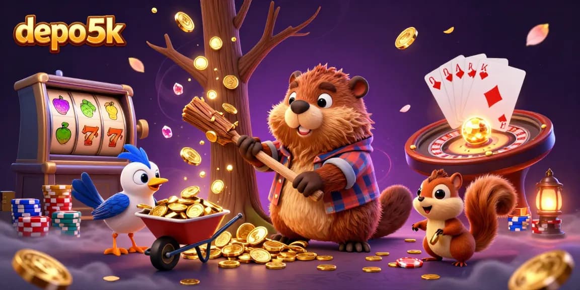 Engage in casino excitement with depo 5k as a beaver and friends gather gold from a jackpot tree.