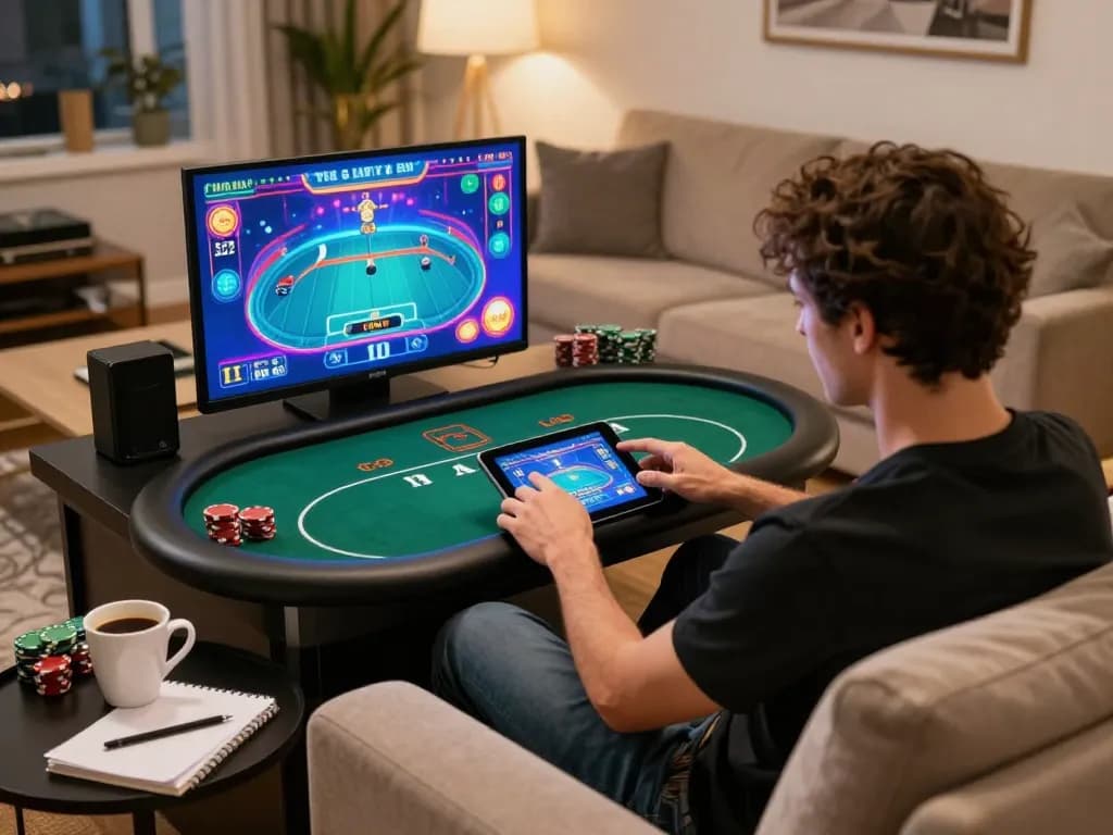 Engage with m104 in online poker games at home, featuring cozy atmosphere and digital gambling.