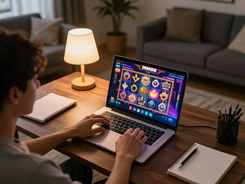Player enjoying MM88 online slot games on a stylish laptop at home, showcasing an engaging gaming experience