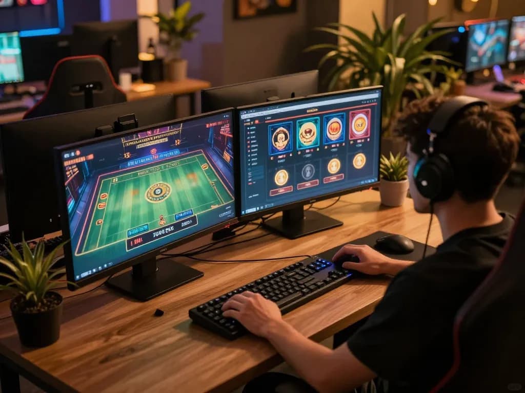 Engaging in dewa slot gameplay on dual-screen setup, showcasing live dealer interface and slot games.