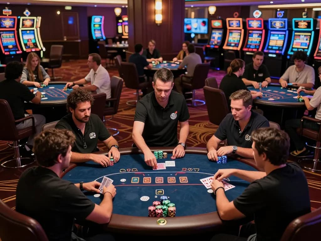 iWin players engaging in strategic poker gameplay with chips and cards visible in upscale casino setting