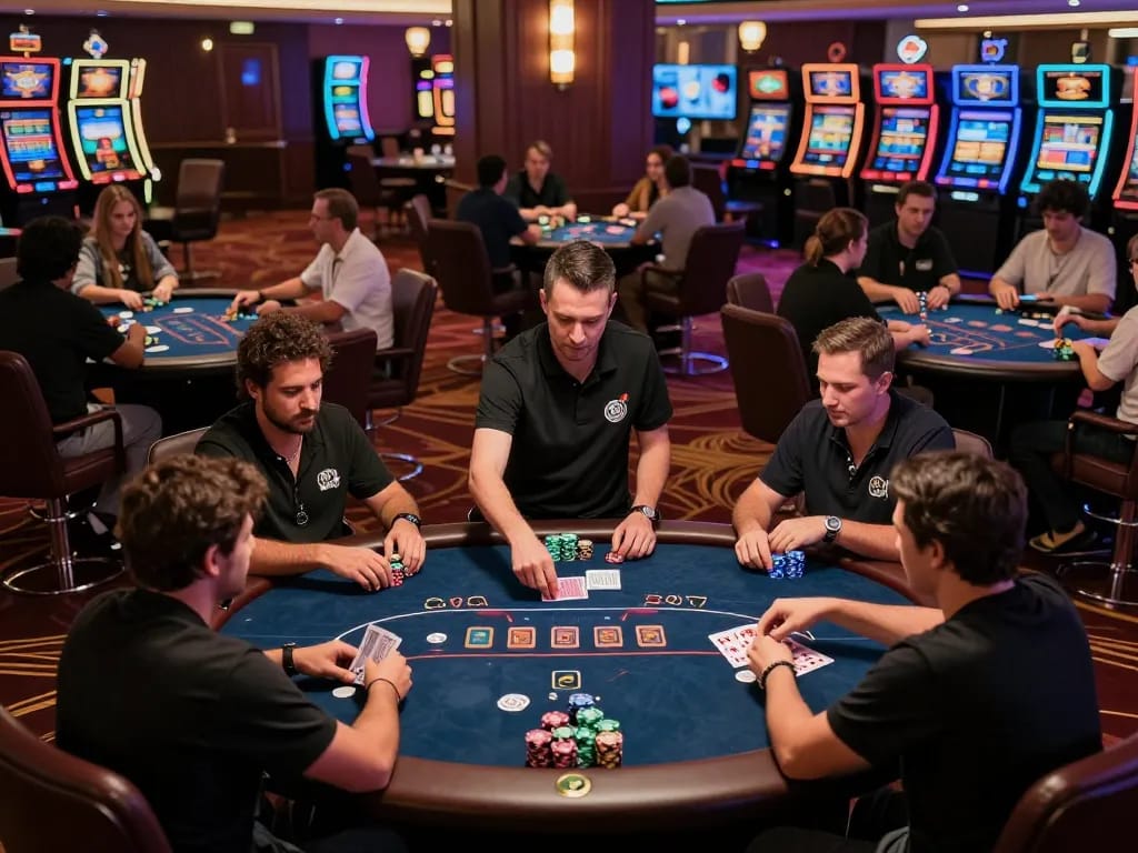 iWin players engaging in strategic poker gameplay with chips and cards visible in upscale casino setting