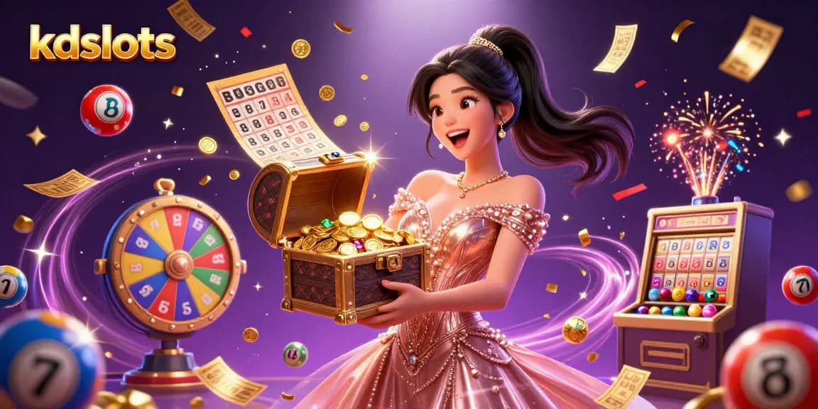 Experience the excitement of kdslots with a vibrant scene filled with treasures, games, and festive elements.