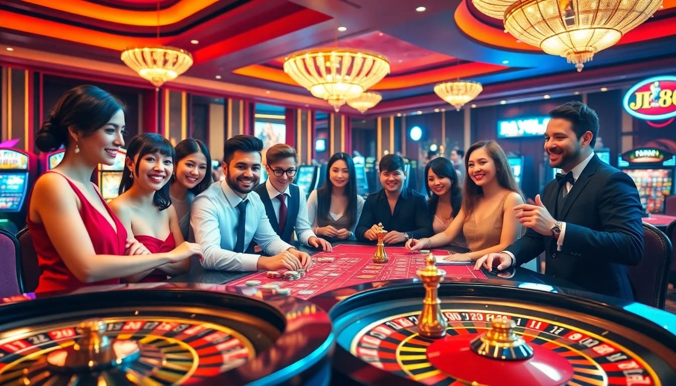 Join the thrill at J88 casino with players enjoying roulette and poker under luxurious lighting.