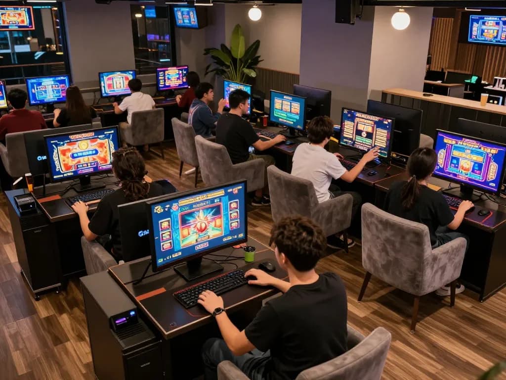 Pemain menikmati permainan slot tokyo88 di perangkat seluler mereka di lingkungan ruang permainan modern