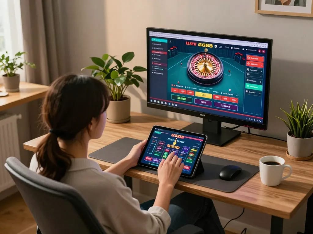 Engaging with the GG88 link on a tablet for an online roulette game, highlighting responsible gaming