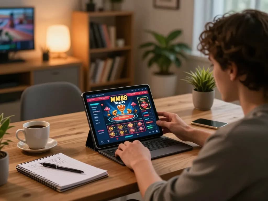Engaging in online gaming with MM88 TODAY on a tablet at home, showcasing strategic notes.