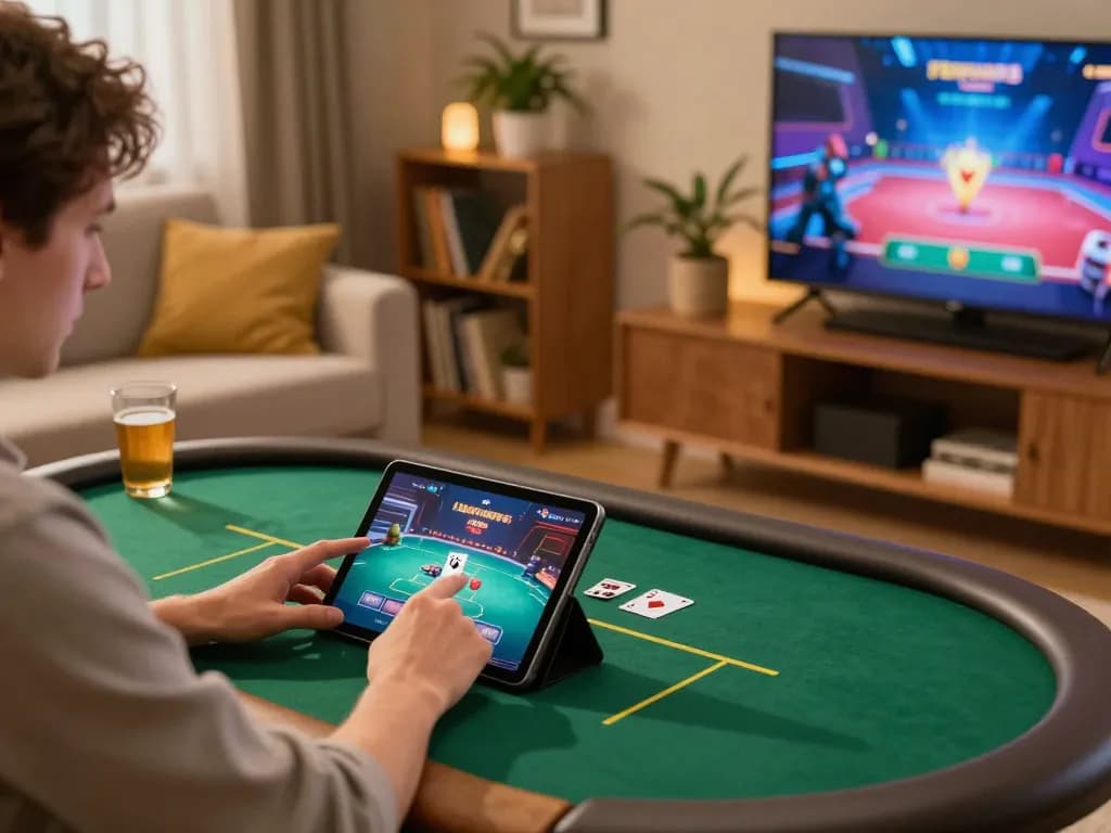 Person engaging in online casino gaming at home with sc88 app on tablet, modern lifestyle