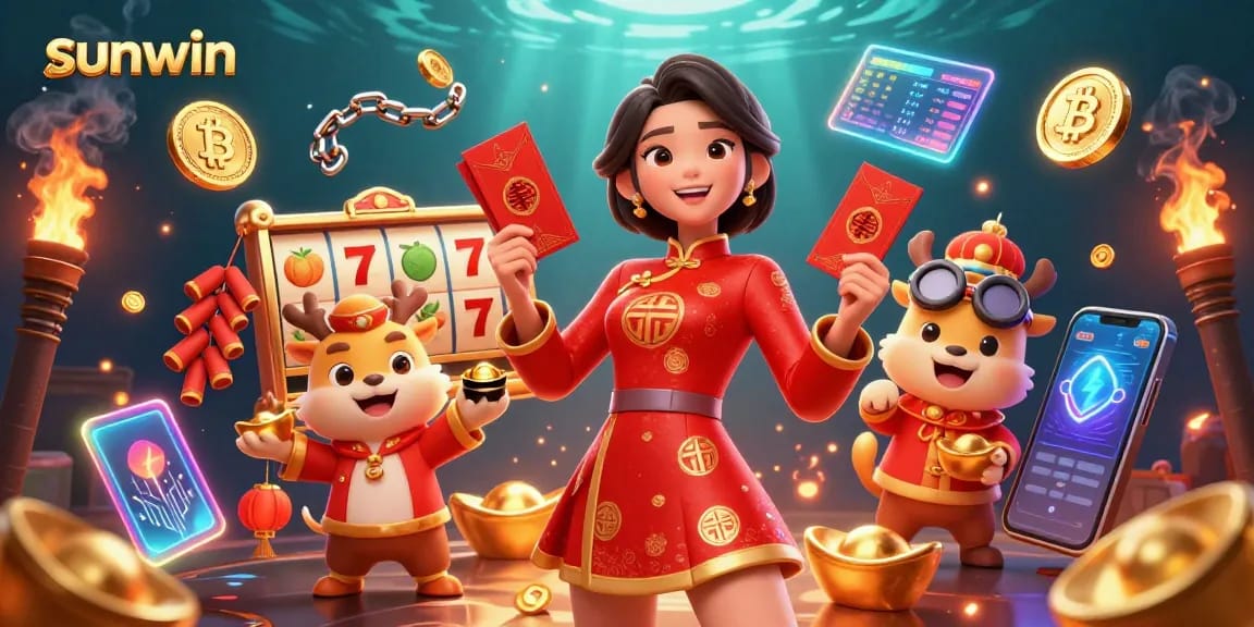 Play thrilling slots at sunwin with a vibrant illustration of a festive scene filled with winning elements and characters.