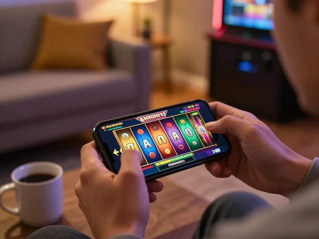 mantra88 user spinning reels on mobile app in cozy setting with vibrant graphics