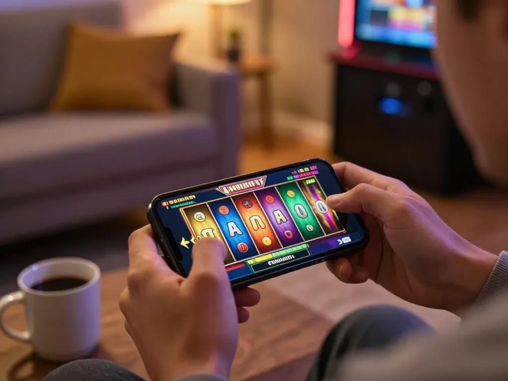 mantra88 user spinning reels on mobile app in cozy setting with vibrant graphics