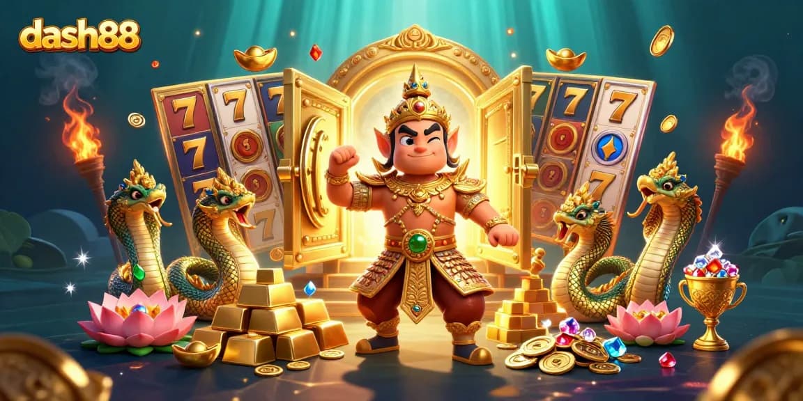 Experience the excitement of dash88 casino with a vibrant 3D illustration featuring gold treasures and slot games.