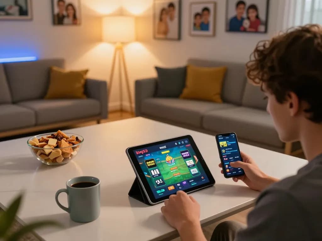 Player enjoying king33 app on tablet in a cozy home gaming setup with snacks and smartphone.