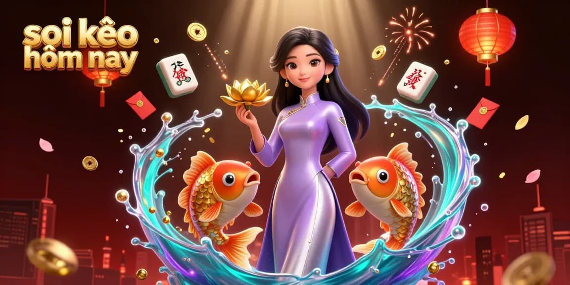 Soi kèo hôm nay with an elegant Asian woman holding a golden lotus flower, surrounded by vibrant casino elements.