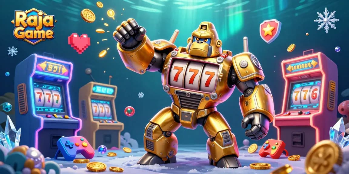Experience thrilling gameplay with Raja Game featuring a golden gorilla mech in a vibrant casino atmosphere.