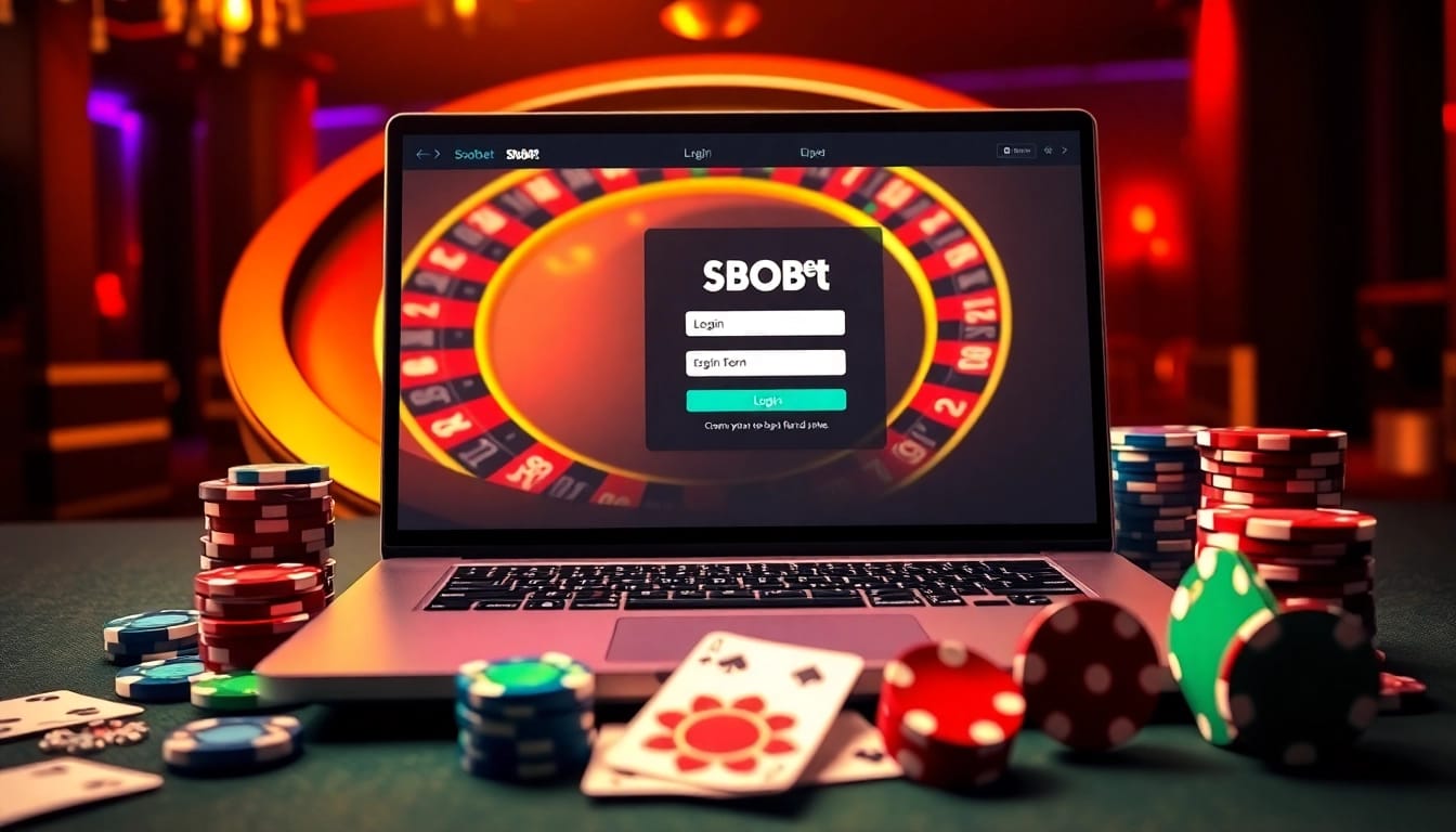 Engage with sbobet login on a vibrant online gambling interface featuring poker chips and a roulette wheel.