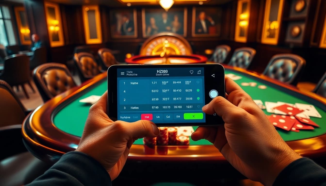 Player engaging with the hz88 app showcasing live betting and poker chips on a classic casino table