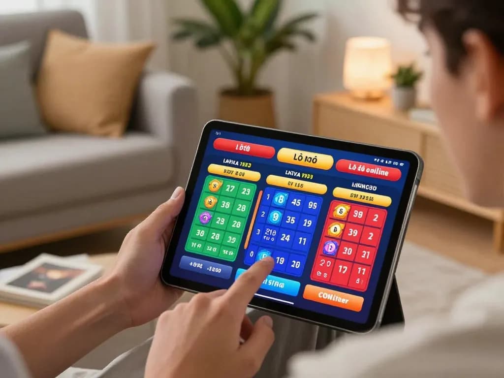 Lô đề online betting on a tablet in a cozy home setting, capturing the excitement of online wagering.