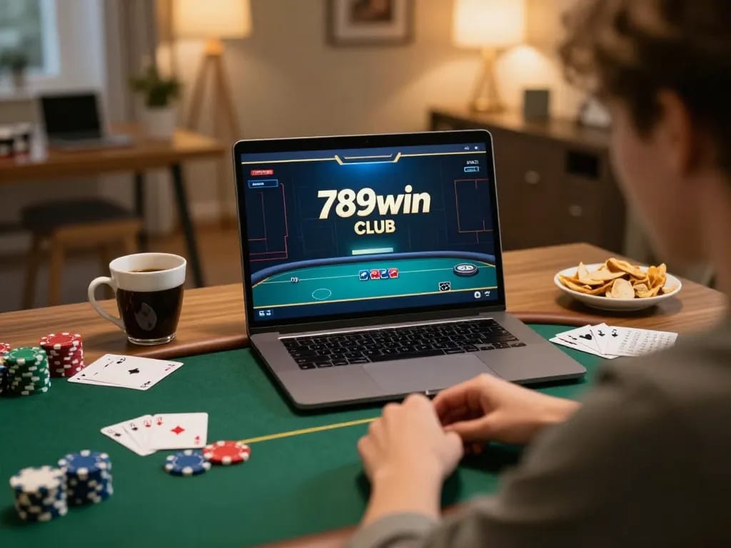 Engaged player strategizing in an online poker session at 789win club, showcasing cozy gaming atmosphere.