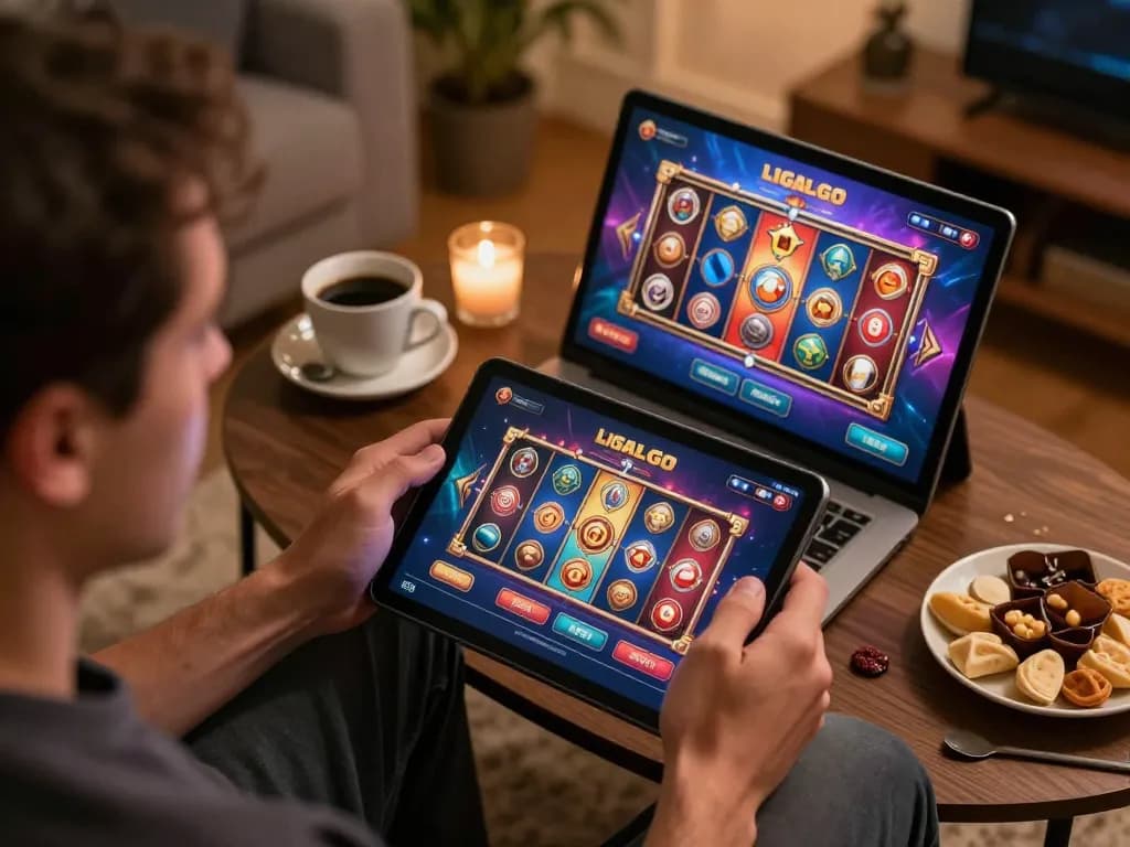 LIGALGO user enjoying online slots on a tablet with snacks in a cozy home setting.