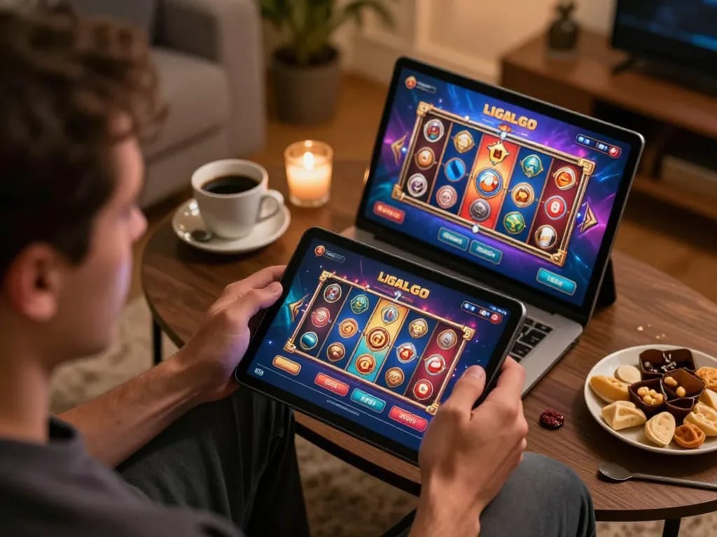 LIGALGO user enjoying online slots on a tablet with snacks in a cozy home setting.
