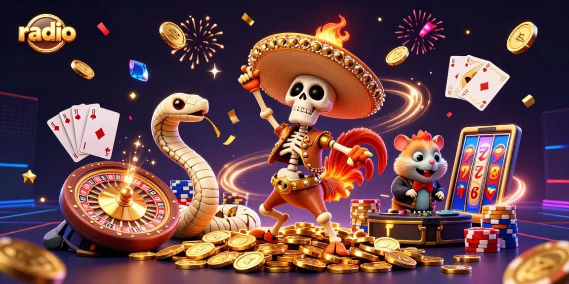 Win79 radio celebration featuring a cartoon mariachi rooster dancing on coins with Casino elements.