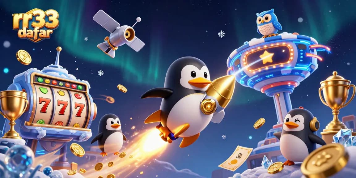 Join the fun of rr33 daftar with a golden penguin launching towards exciting casino games!