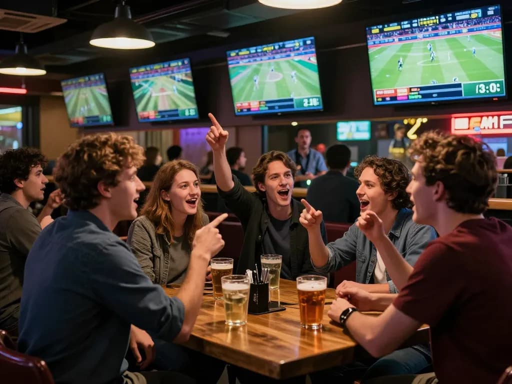 Friends strategizing sports bets while watching MK8 games on multiple screens.