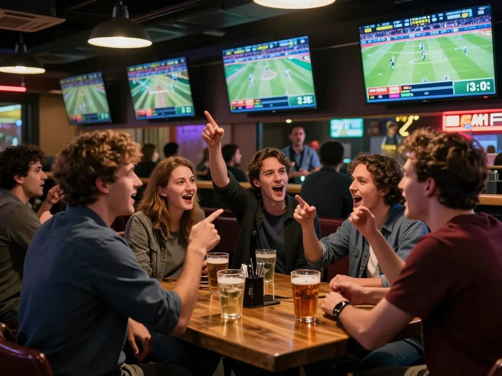 Friends strategizing sports bets while watching MK8 games on multiple screens.