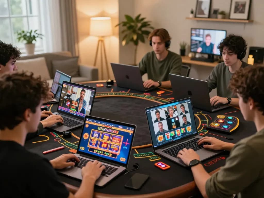 Players engaged with LGOGOAL online casino, showcasing vibrant gaming screens and strategic discussions.