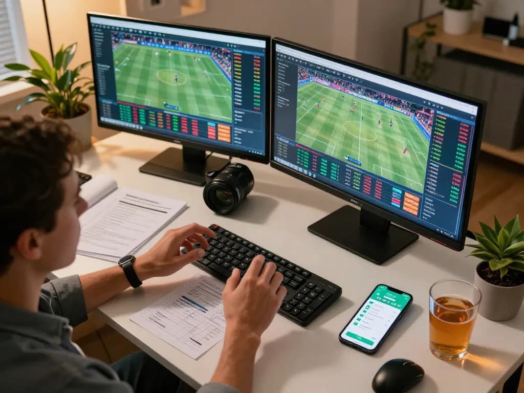 Engaging in online sports betting on rr88 with multiple screens showing live events and odds analysis.
