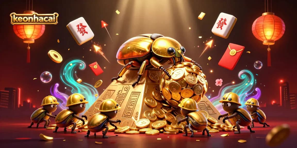 Experience keonhacai as a dynamic, engaging visual of a golden dung beetle rolling coins in a vibrant casino setting.