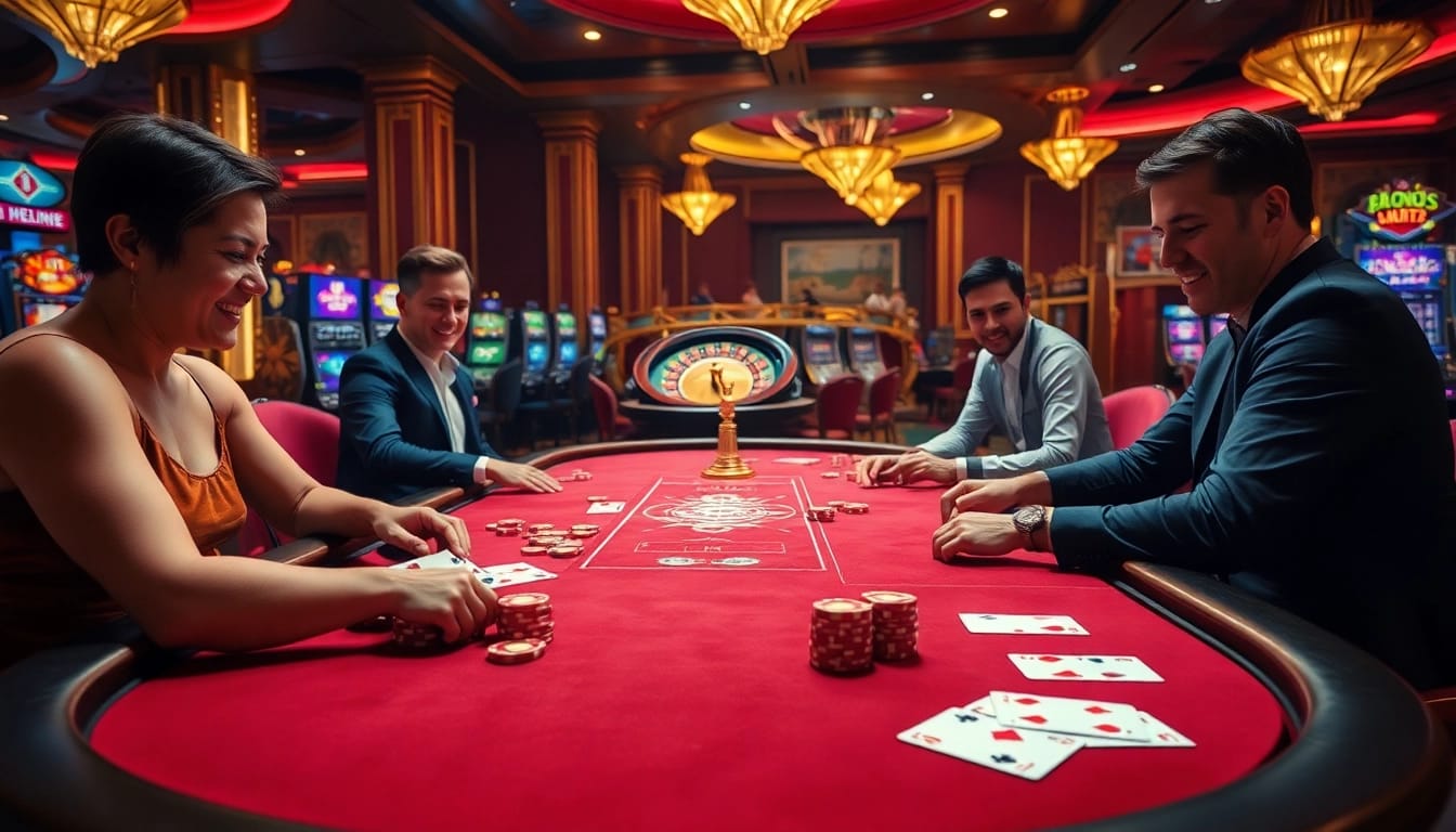 SODO66 players enjoying an exciting game at a luxurious casino table with cards and chips.