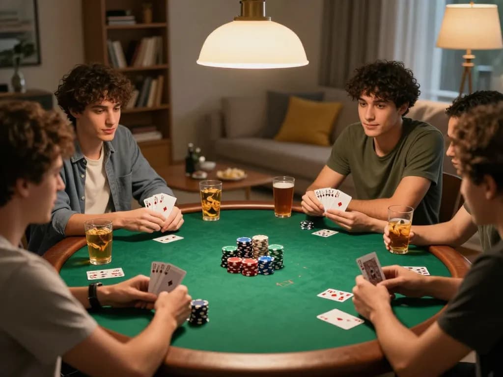Players engaging in a lively poker game at home, showcasing CM88 gambling strategies and social interaction.