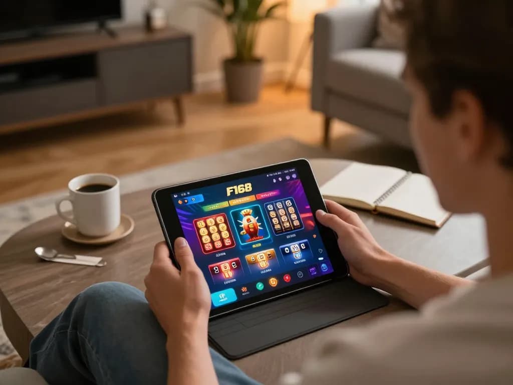Engaging in online gaming on F168 casino app from a cozy home setup with coffee and strategies.