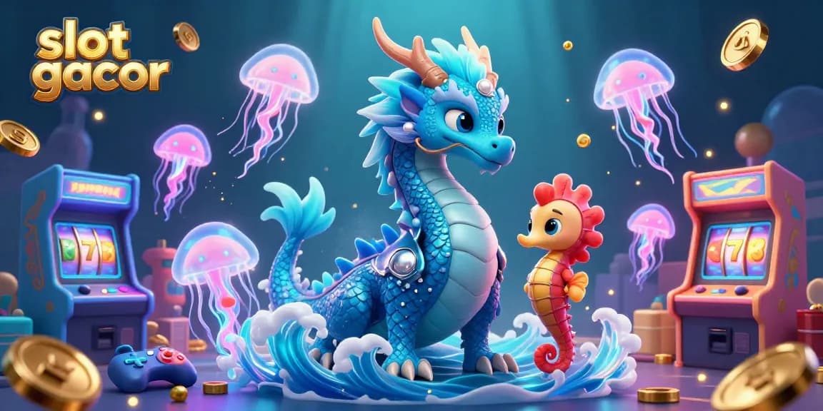 Rasakan permainan yang mendebarkan dengan slot gacor sebagai ilustrasi 3D yang cerah dari seekor naga, ksatria kuda laut, dan ubur-ubur neon.