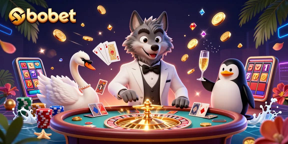 Sparkling sbobet casino scene with a debonair wolf, elegant swan, and penguin sommelier amidst vibrant gaming elements.