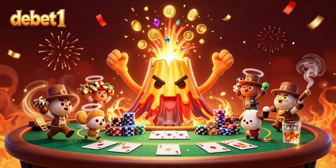 Engage with debet1's casino thrills as a golden volcano erupts coins and treasures amidst a lively poker scene.