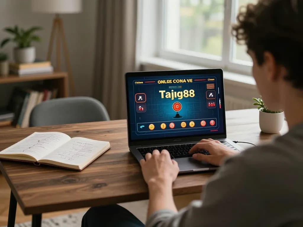 Engaged in tai go88 online gaming, a player uses a laptop for a strategic betting experience at home.