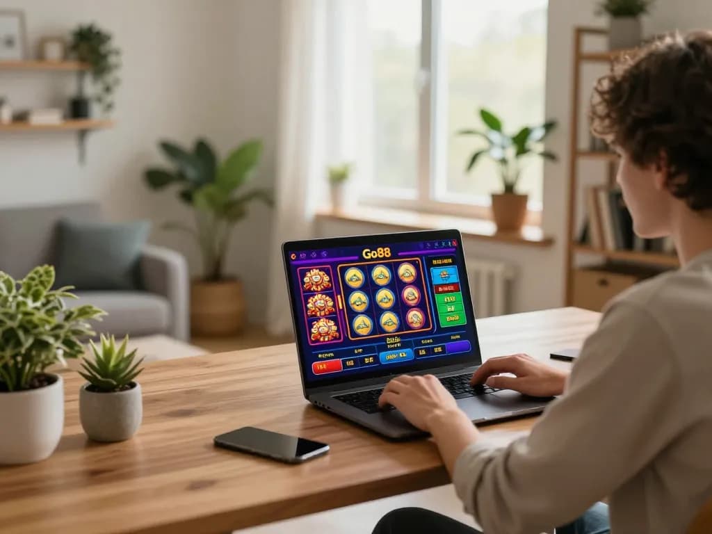 Engaging in Go88 gaming on a laptop in a cozy home environment, showcasing the excitement of online casino.