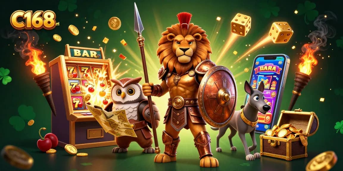 Engage with thrilling slots and games at C168 url, featuring a Spartan lion and dynamic casino action.